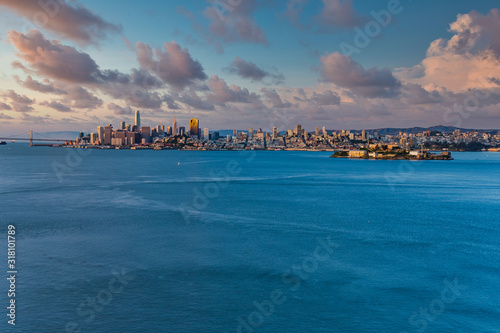 Sunrise view of San Francisco as seen from Angel Island in the bay