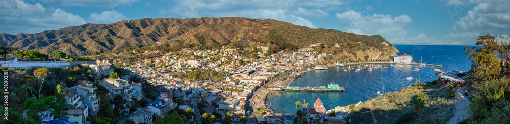 View of Avalon harbor on Catalina Island in the early sunrise light.