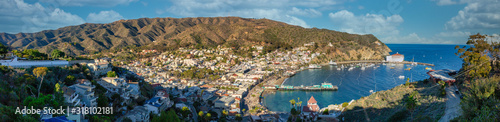 View of Avalon harbor on Catalina Island in the early sunrise light.