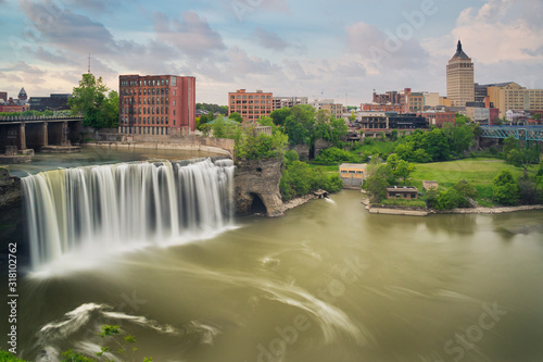 High Falls district in Rochester New York under cloudy summer skies