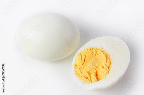 sliced boiled eggs isolated on white background