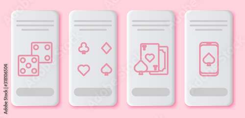 Set line Game dice, Playing cards, Playing card with heart and Online poker table game. White rectangle button. Vector