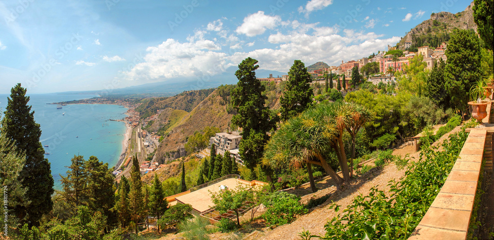Landscape of famous touristic town near volcano Etna, Sicily Island, Italy