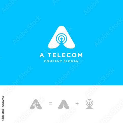 Initial A letter for Tower signal antenna logo and radio signal wave. premium vector illustration
