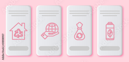 Set line Eco House with recycling symbol, Human hands holding Earth globe, Garbage bag with recycle and Recycling plastic bottle. White rectangle button. Vector