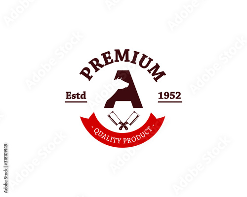 Initial Alphabet Letter  Butchery Shop Logo Design Template Cow and meat cleaver knife vector design