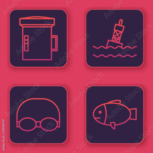Set line Big flashlight for diver, Glasses and cap for swimming, Floating buoy on the sea and Fish. Blue square button. Vector