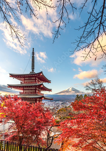 Chureito Pagoda, Mount Fuji and city in morning, in autumn season at Arakurayama Sengen Park (Fujiyoshida, Yamanashi Prefecture, Japan)