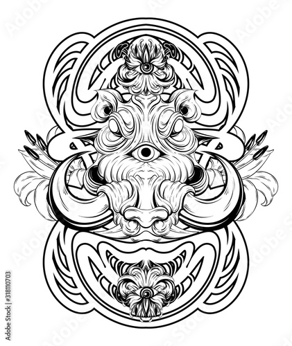 Vector hand drawn illustration of warthog isolated. Surrealistic tattoo artwork Template for card, poster, banner, print for t-shirt, pin, badge, patch.
