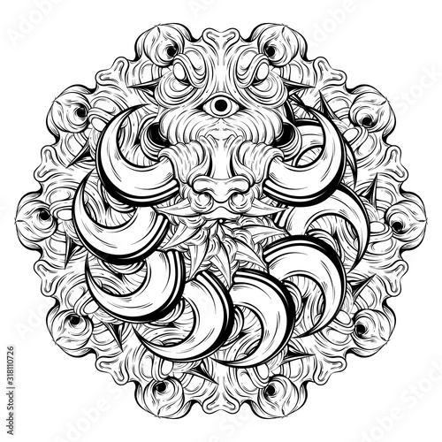 Vector hand drawn illustration of warthog isolated. Surrealistic tattoo artwork Template for card, poster, banner, print for t-shirt, pin, badge, patch.