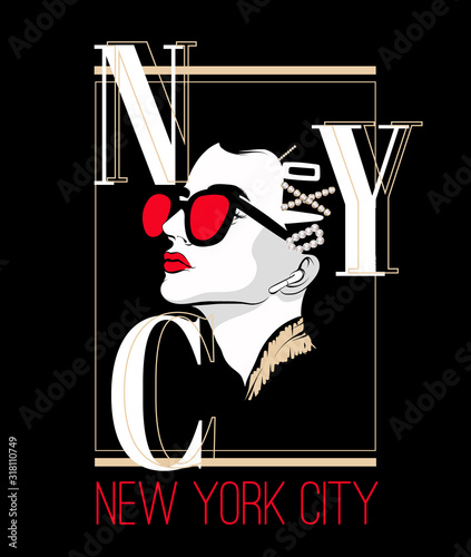 New York City. Vector hand drawn ilustration of pretty girl with hairpins isolated. Template for card, poster, banner, print for t-shirt, pin, badge, patch.
