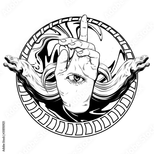 Vector hand drawn illustration of moray eels with human hand with eye isolated. Surreal tattoo artwork. Template for card, poster, banner, print for t-shirt, pin, badge, patch.