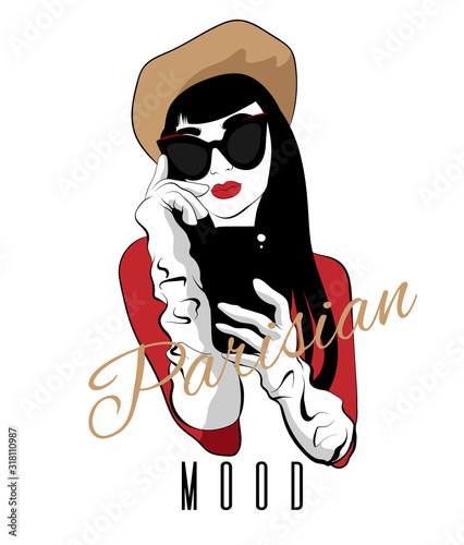 Parisian mood. Vector hand drawn illustration of girl with fringe nad smartphone isolated. Template for card, poster, banner, print for t-shirt, pin, badge, patch.