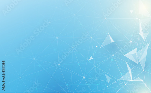 Abstract low polygonal with connecting dots and lines on soft blue background. Science and technology