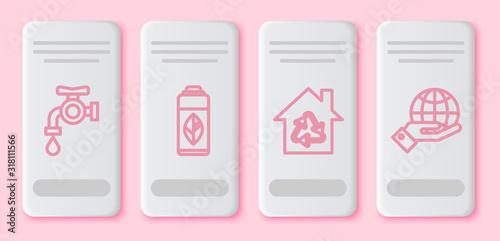 Set line Water tap, Recycling plastic bottle, Eco House with recycling symbol and Human hands holding Earth globe. White rectangle button. Vector