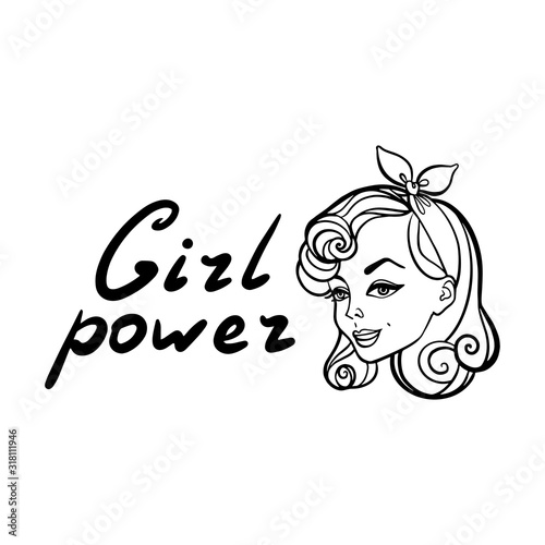 Coloring page outline, Cute pinup girl with text girl power isolated on white background illustration vector.