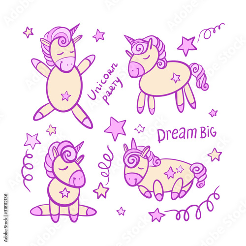 Vector illustration of cute unicorns. Cartoon hand draw style.