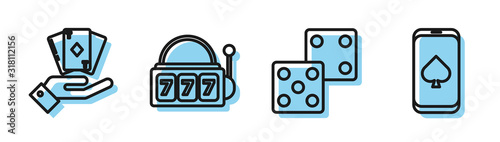 Set line Game dice, Hand holding deck of playing cards, Slot machine with lucky sevens jackpot and Online poker table game icon. Vector