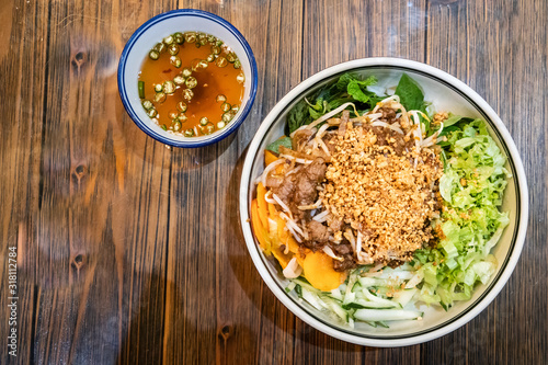 Vietnamese stir fried beef with vermicelli and various vegetable