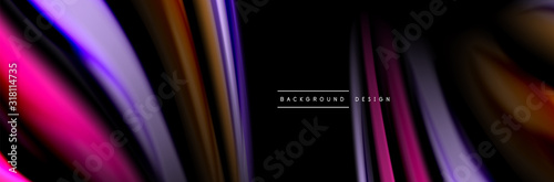 Silk and smooth flow wave poster design. Color waves, liquid style lines and shapes in black color background