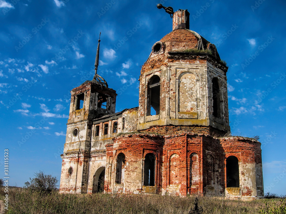 Old ruined stone christian orthodox church in summer in Russia