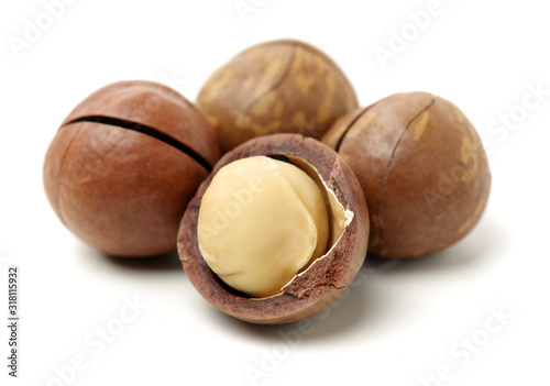 Shelled and unshelled macadamia nuts on white background 