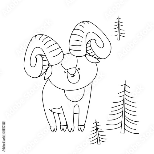 a young cute horned argali male in the forest, simple decorative ornament, vector illustration with black contour lines isolated on a white background in Scandinavian and hand drawn style