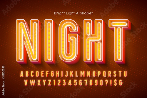 Neon light 3d alphabet, extra glowing modern type.