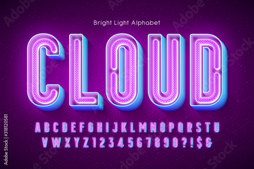 Neon light 3d alphabet, extra glowing modern type.
