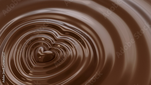 液体のチョコレートに埋もれるハート型のチョコレート。愛、バレンタインのコンセプト。