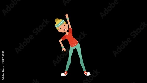 2D Flat cartoon colorful woman character animation. Female workout exercise -warm up . Front view. loop . alpha