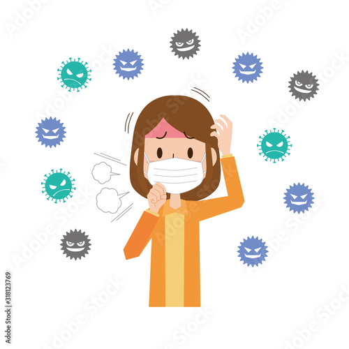 ウイルス　女性　マスク　咳　風邪　苦しい