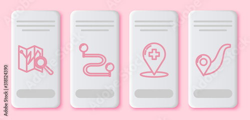Set line Folded map with location marker, Route location, Medical map pointer with cross hospital and Route location. White rectangle button. Vector