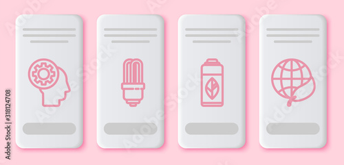 Set line Human head with gear inside, LED light bulb, Recycling plastic bottle and Earth globe and leaf. White rectangle button. Vector