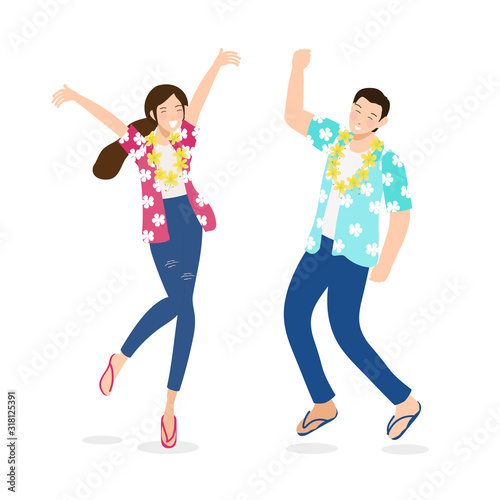 happy Thai couple enjoy Songkran festival water on white background isolated eps10 vectors illustration