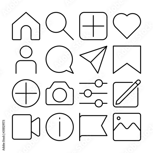 Social Media, Communication line icons set vector illustration. It contains such an icon as home, camera, comment, like, follow, camera, heart, like, user story. Pixel perfect. Editable Stroke.