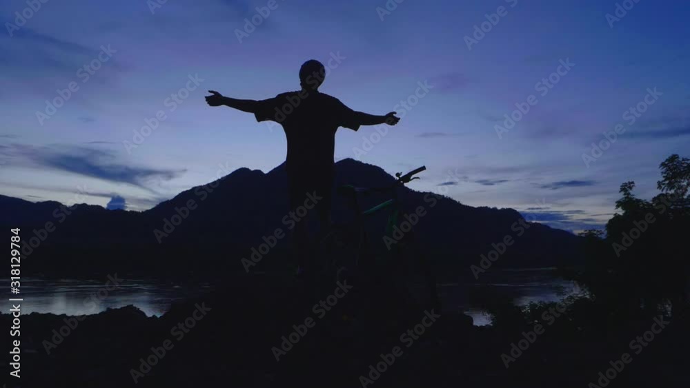 Silhouette Of Happy Mountain Biker , Slow Motion Silhouette Of Happy Mountain Biker , Slow Motion