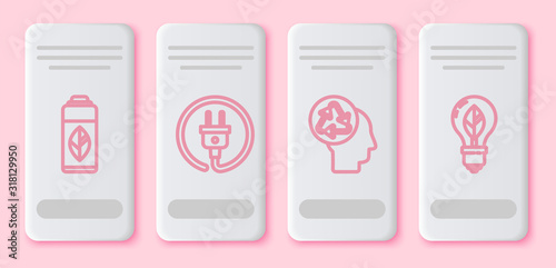 Set line Recycling plastic bottle, Electric plug, Human head with recycle and Light bulb with leaf. White rectangle button. Vector