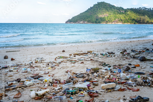 Fototapeta Naklejka Na Ścianę i Meble -  Garbage on beach, environmental pollution Koh Phangan island Thailand. Tropical beach pollution