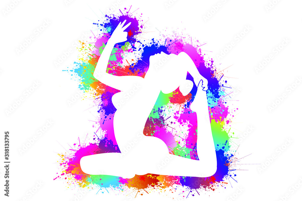 Silhouette of young attractive woman practicing yoga concept. Colorful splash paint on white background. Fitness, Exercises, Healthcare, Medical, Icon, Logo, Symbol, Vector illustration. Silhouette of young attractive woman practicing yoga concept. Colorful splash paint on white background. Fitness, Exercises, Healthcare, Medical, Icon, Logo, Symbol, Vector illustration.