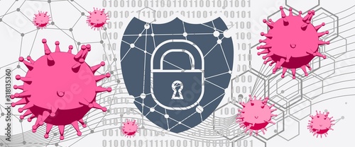 Shield low poly style. Abstract polygonal shield. Antivirus software concept. Connected lines with dots. Binary code on backdrop