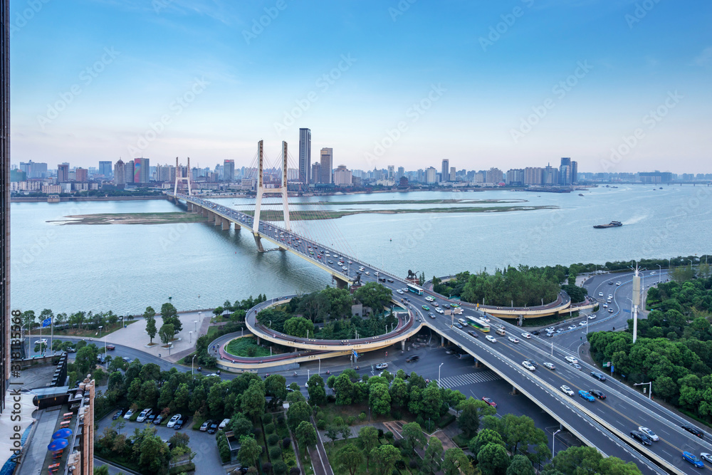 city highway interchange in shanghai on traffic rush hour