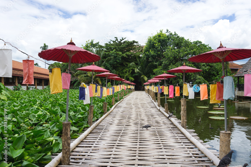Bamboo bridge with colorful paper lantern