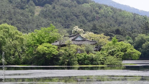 Traditional Hanok in Lake with Beautiful Spring Light, South Korea.
