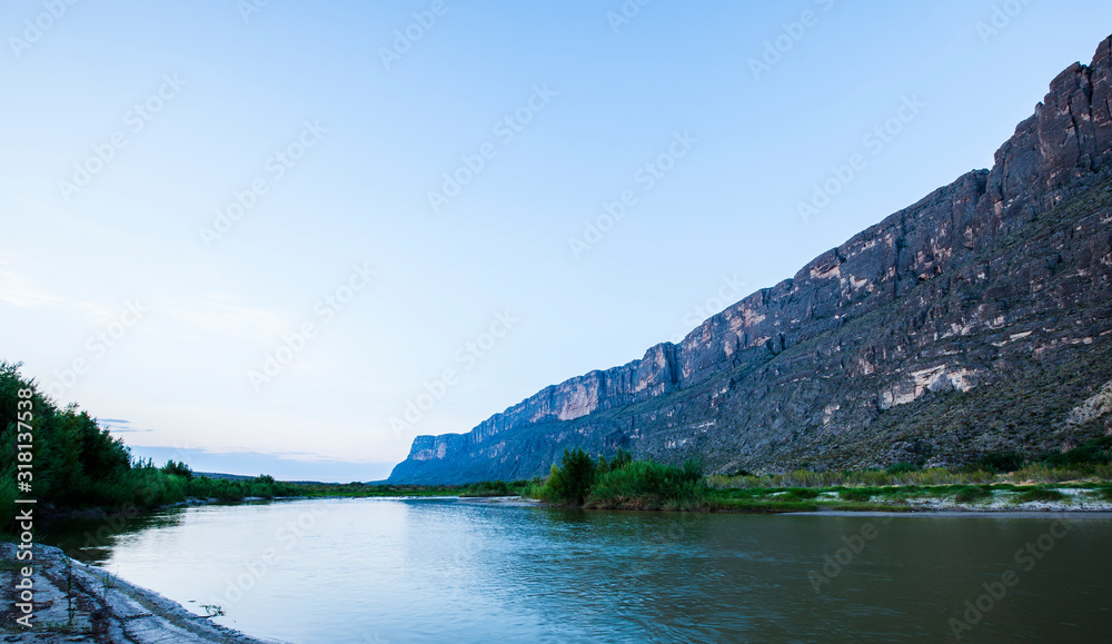 Rio Grande river near Santa Elena canyon, Mesa de Anguila in background, Big Bend National Park, near Mexican border, USA