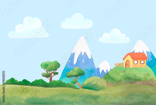 Cute watercolor colorfeul landsape with house, clouds, mountains, trees. Template for children prints