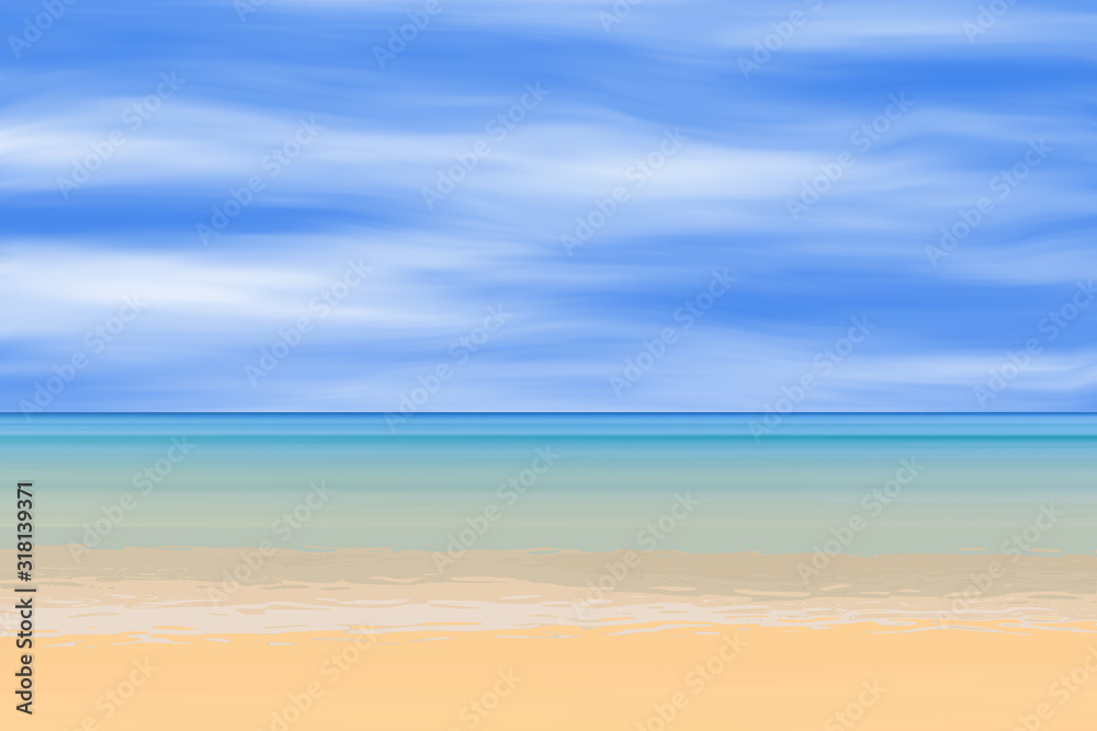View of the sandy beach of the sea, summer background. Blue sky, sea and yellow sand.
