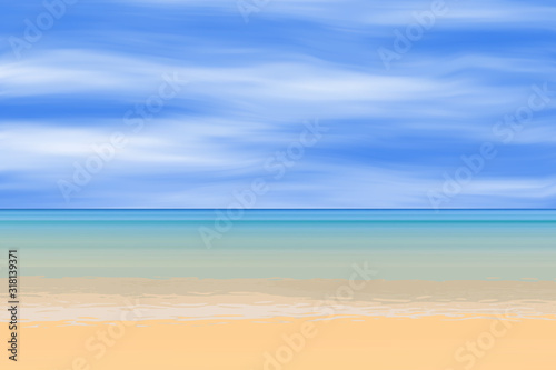View of the sandy beach of the sea, summer background. Blue sky, sea and yellow sand.