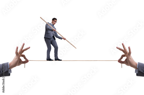 Businessman walking on tight rope