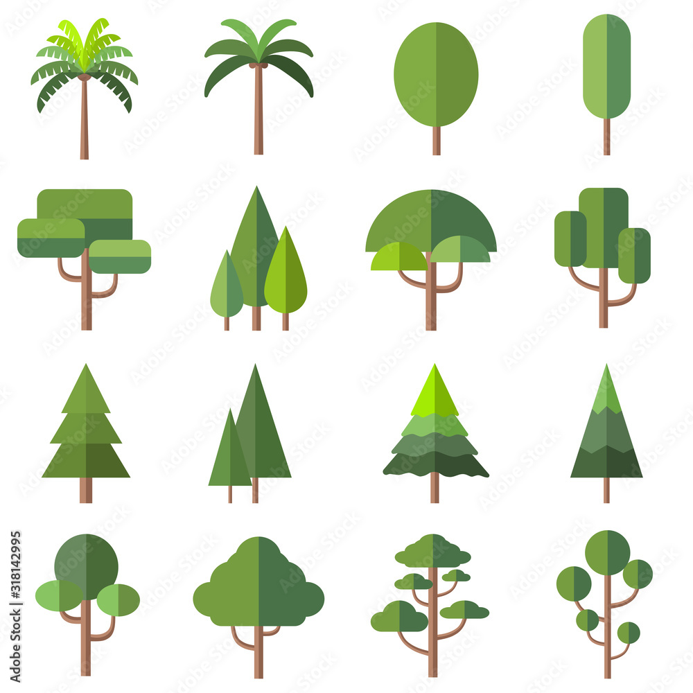 Vector illustration of green tree set isolate on white background.